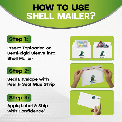 Instructional image on using 500 Pack Shell Mailer Trading Card Envelopes 7 By 4.35 Inch Lightweight Card Mailers for shipping.