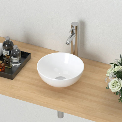11 Inch Vessel Sink Bowl For Small Bathrooms, Above-Counter Round White Ceramic Lavatory Wash Basin with faucet