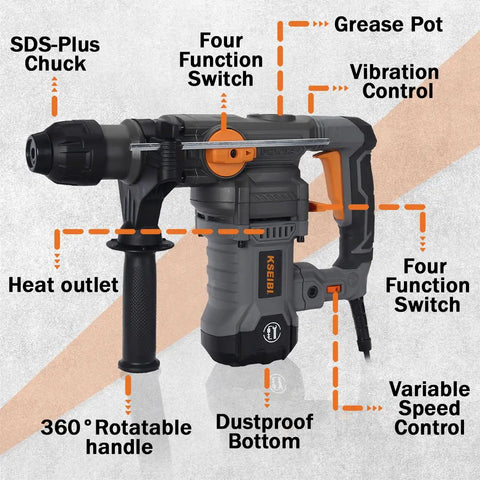 Heavy Duty Variable Speed Rotary Hammer Drill 1-1/4 Inch SDS Plus Demolition Hammer For Concrete With 13 Amp Motor features
