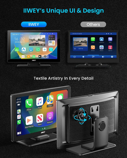 Effortless 9 Inch Wireless Apple CarPlay And Android Auto Screen With UI Design, Portable Dash Display Comparison Front and Rear View