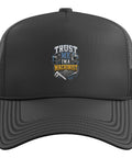 Cool Black Machinist Trucker Hat With Adjustable Mesh Back, Vise Gauge Square Design For CNC Tool Guys, Five Panel Cap front view.