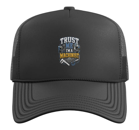 Cool Black Machinist Trucker Hat With Adjustable Mesh Back, Vise Gauge Square Design For CNC Tool Guys, Five Panel Cap front view.