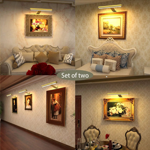2 Pack Wireless Picture Lights With Remote Gold Rechargeable Battery Led Gallery Lighting over framed artwork