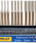 Front view of Drilax diamond drill bits set for stone and glass, 30 pcs, 1–3 mm, 1/8 in shank