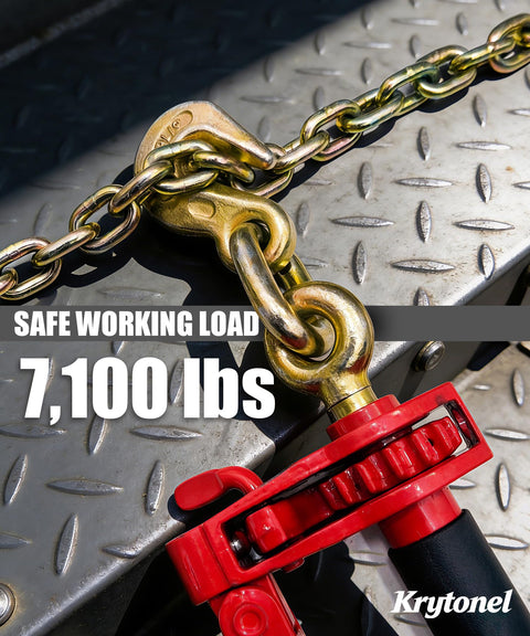 Close-up of 4 Pack Five Sixteenths To Three Eighths Inch Heavy Duty Folding Handle Ratchet Chain Binders With Grab Hooks, 7,100 lbs