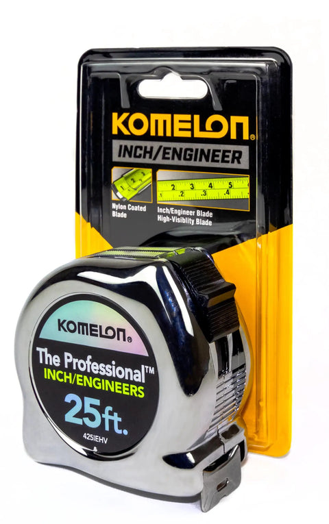 High Visibility Pro Tape Measure Workhorse With Inch And Engineer Scale, 25 Feet By 1 Inch, Chrome Case, Easy Slide Lock