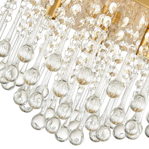 Close-up of sparkling crystals on Three Light Crystal Chandelier With Brass Finish Flush Mount Ceiling Light Fixture