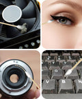 Collage of Double Pointed Cotton Swabs 200 Pcs Bamboo Sticks For Precision Cleaning used on fan, eye makeup, camera, and keyboard.