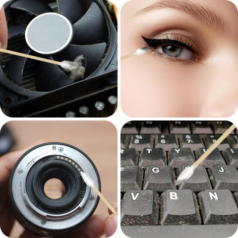 Collage of Double Pointed Cotton Swabs 200 Pcs Bamboo Sticks For Precision Cleaning used on fan, eye makeup, camera, and keyboard.