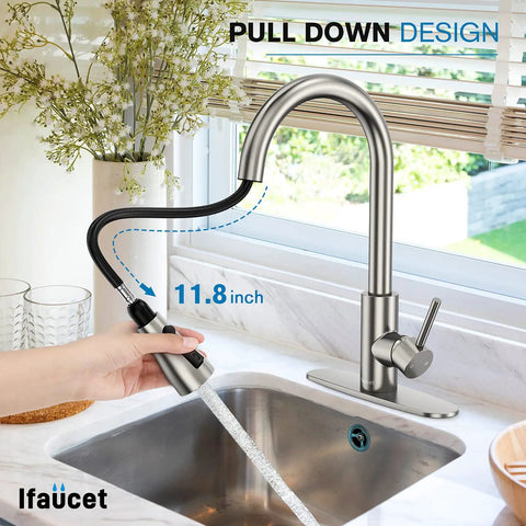 Pull Down Sprayer Kitchen Faucet With High Arc And Single Handle, Brushed Nickel Finish, Includes Water Lines And Deck Plate, RV Compatible