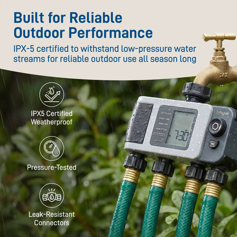 Must-Have 4 Port Smart Hose Watering Timer With Wi-Fi Hub And WeatherSense Auto Watering on outdoor tap with hoses attached