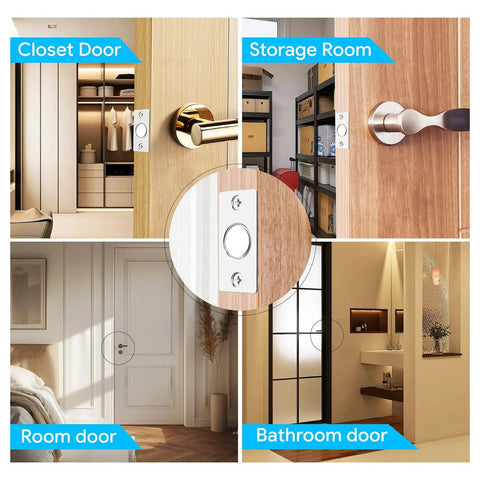 Adjustable Hidden Magnetic Door Ball Catch Hardware With Stainless Steel Strike Plate, shown in various door setups