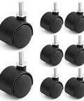 Pack Of Eight Heavy Duty Black Nylon Swivel Caster Wheels Featuring Secure M6 Threaded Stems, 30mm round wheels, perfect for various uses.