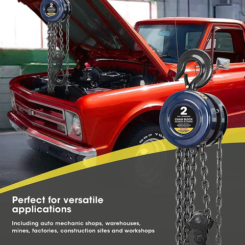 ATR9020UR 2 Ton Manual Hand Lift Chain Block Hoist With 2 Heavy Duty Hooks And 360 Degree Latch, red truck engine bay