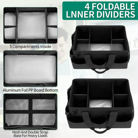 Wearable Cleaning Caddy Bag Pro Grade with 5 compartments and foldable dividers, black color, for cleaners and housekeepers.