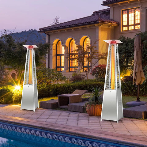 42,000 BTU Pyramid Propane Patio Heater With Dancing Flame on deck near a pool, showcasing quartz glass tube and hammered stainless steel.