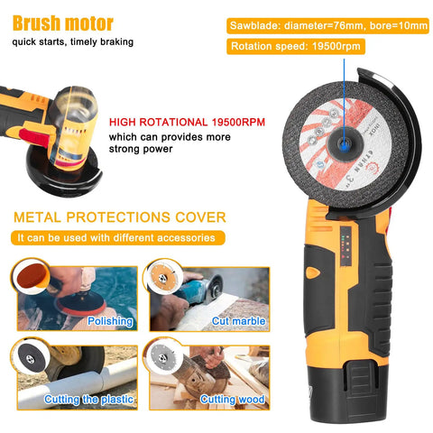 Cordless Mini Angle Grinder Go To Tool 19500 RPM For Quick Cuts And Smooth Polishing on ceramic tile wood stone and steel yellow