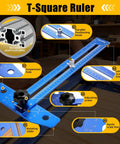 Badass Quick Slide Aluminum T Square Measuring Tool With Built In Protractor Dial For Swift Woodworking Framing and Tight Carpentry Layout Work Essentials showing detailed features and adjustments.