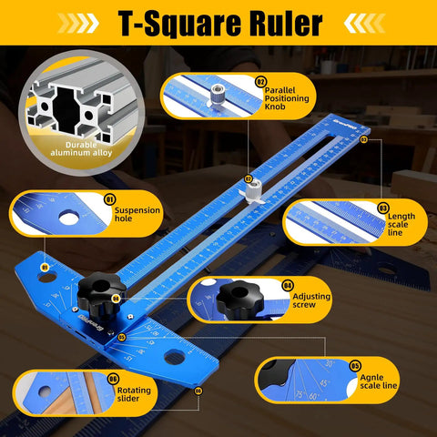 Badass Quick Slide Aluminum T Square Measuring Tool With Built In Protractor Dial For Swift Woodworking Framing and Tight Carpentry Layout Work Essentials showing detailed features and adjustments.