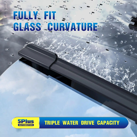 Direct Fit Front And Rear Windshield Wiper Blades For 2013 Through 2022 Buick Encore showing fully fit glass curvature with water droplets.