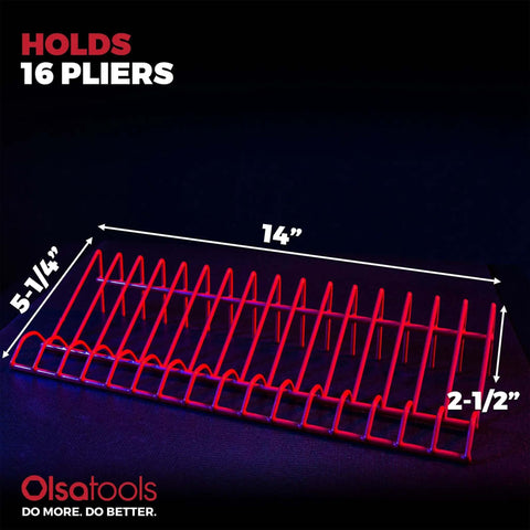 Red Pliers Rack Organizer for Tool Box Drawer Storage, holds 16 pliers, dimensions 14x5.25x2.5 inches, pro grade build