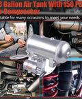 Built Tough 150 PSI Air Compressor With 1.6 Gallon Aluminum Tank, showcasing versatile setup in vehicles and trailers.