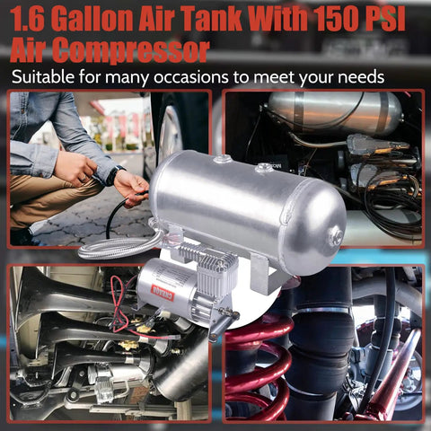 Built Tough 150 PSI Air Compressor With 1.6 Gallon Aluminum Tank, showcasing versatile setup in vehicles and trailers.