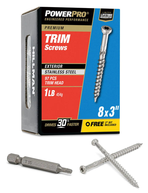 Premium 305 Stainless Steel Trim Screws No Pre Drill Star Drive No 8 X 3 Inch 1 Lb Box with screws and T15 bit