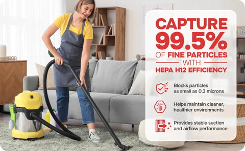 Woman vacuuming with a yellow HEPA vacuum cleaner, efficiently capturing dust and fine particles in a living room setting.