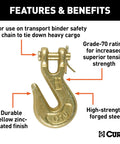 Heavy Duty 1/4 Inch Forged Steel Clevis Grab Hook Rated For 3150 Lbs Work Load With 3/8 Inch Safety Chain Clevis Pin, with yellow zinc finish.