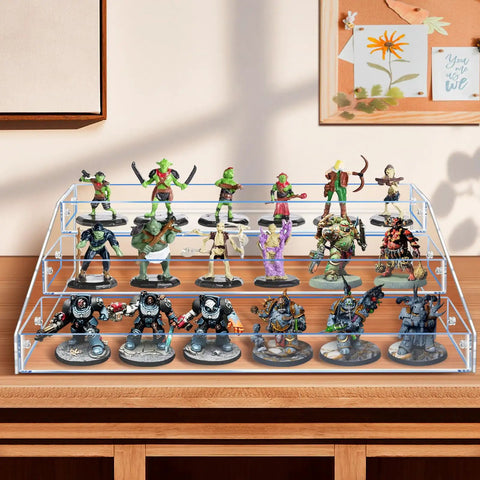 Clear Acrylic Miniature Display Shelf 2.75 Inch Wide Three Tier Stand showcasing figures on a desk