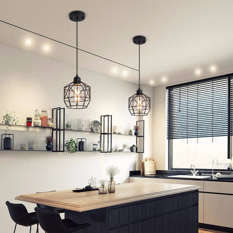 Industrial Pendant Light Fixture Black Basket Cage With E26 Base over kitchen island, rustic farmhouse style