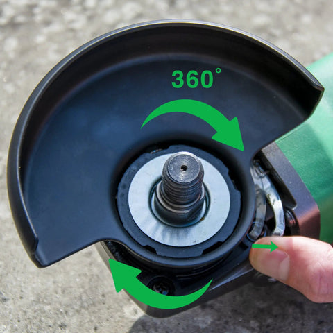 Close-up of Beefy 4.5 Inch Angle Grinder With 10.5 Amp Motor, Paddle Switch, Wheel Guard, showing rotation and parts setup.