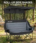 Two Person Camping Chair With Canopy Shade featuring roll-up side curtains in forest setting, oversized loveseat for outdoor comfort