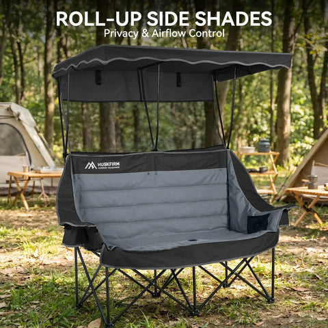 Two Person Camping Chair With Canopy Shade featuring roll-up side curtains in forest setting, oversized loveseat for outdoor comfort