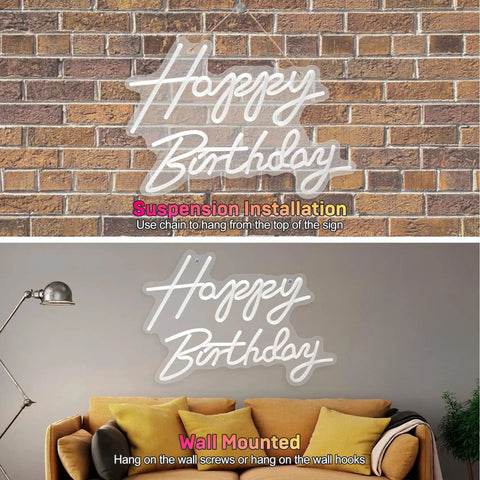 Happy Birthday Neon Sign LED Backdrop With Warm White Glow USB Powered Party Photo Prop in suspension and wall-mounted setups.