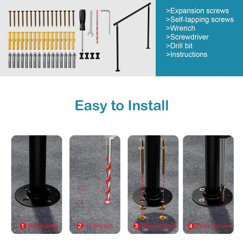 Two Pack Outdoor Stair Handrails For Three Steps, Wrought Iron Deck Railing With Installation Kit, Rust Resistant, Heavy Duty Support Up To 500 Lbs, Fits Concrete Steps And Exterior Stairs, Rock Solid And Built To Last
