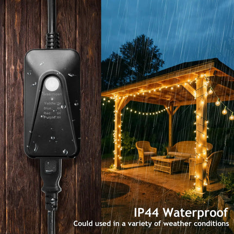 Heavy Duty Outdoor Dimmer For String Lights Featuring Extra Dope Remote Control And Reliable Timer Waterproof Switch For Patio Setup And Dimmable Led Bulbs with water droplets on controller.