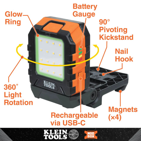 Image of a Rechargeable LED Work Light With 1000 Lumens, Magnetic Mount, 360 Degree Rotation, Kickstand, MODbox Rail System Compatible.