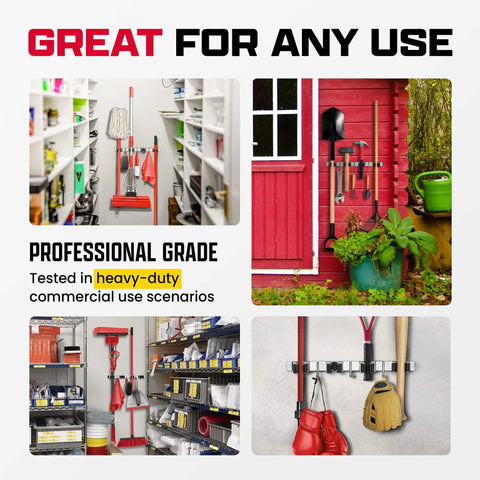 Two Pack Wall Mounted Broom and Mop Hanger Set With Stainless Steel Construction installed in various locations