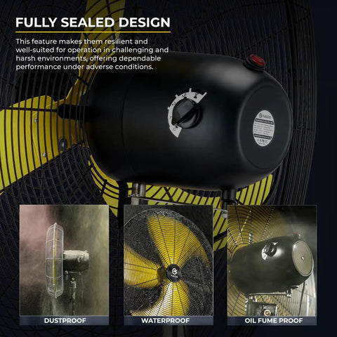 Close-up of 20 Inch Outdoor Quiet Oscillating Pedestal Fan With Brushless DC Motor illustrating waterproof and dustproof design features.
