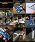 All In One EDC Multitool With Pliers And Fire Starter 20 Function Kit showing various uses like cutting, opening, and driving screws