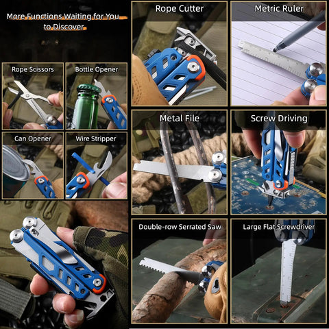 All In One EDC Multitool With Pliers And Fire Starter 20 Function Kit showing various uses like cutting, opening, and driving screws