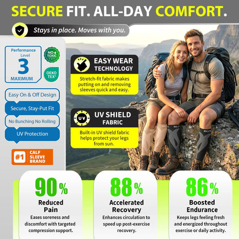Outdoor couple wearing Calf Compression Sleeves for Men and Women Footless Support for Varicose Veins Nursing Running Leg Sleeve in Black Size L XL.
