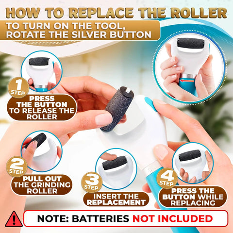 Battery Powered Foot Callus Remover for Dead Skin Exfoliation tool showing roller replacement instructions