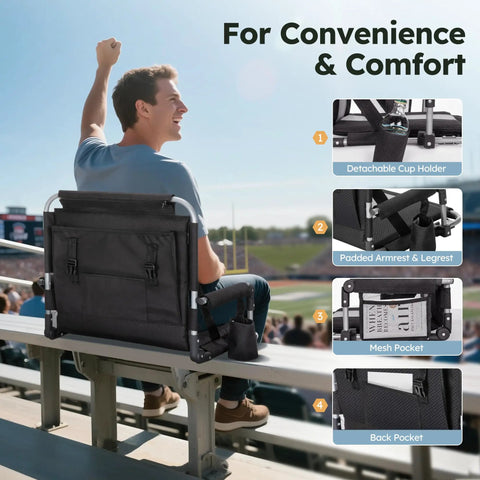 Man sitting on Two Pack Folding Stadium Seats With Cushions, Bleacher Chairs With Cup Holder And Mesh Bag, Lightweight Under 6 Lbs at stadium
