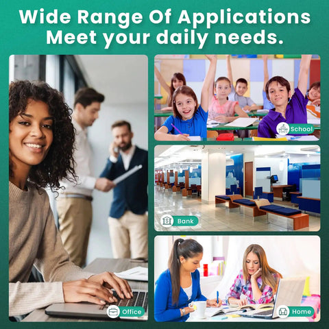 Collage showing diverse environments: woman working in office, children in classroom, bank interior, women studying at home table.