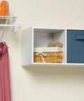 Cubeicals 2 Cube Storage Shelf Organizer with wicker basket and fabric drawer mounted on wall in home office or living room