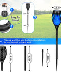 Blue Solar Torch Lights 6 Pack With Flickering Flame, Waterproof Outdoor Garden Decor Torches, assembly instructions shown.