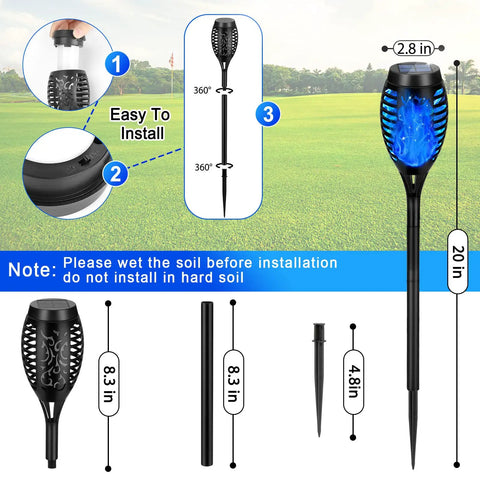 Blue Solar Torch Lights 6 Pack With Flickering Flame, Waterproof Outdoor Garden Decor Torches, assembly instructions shown.